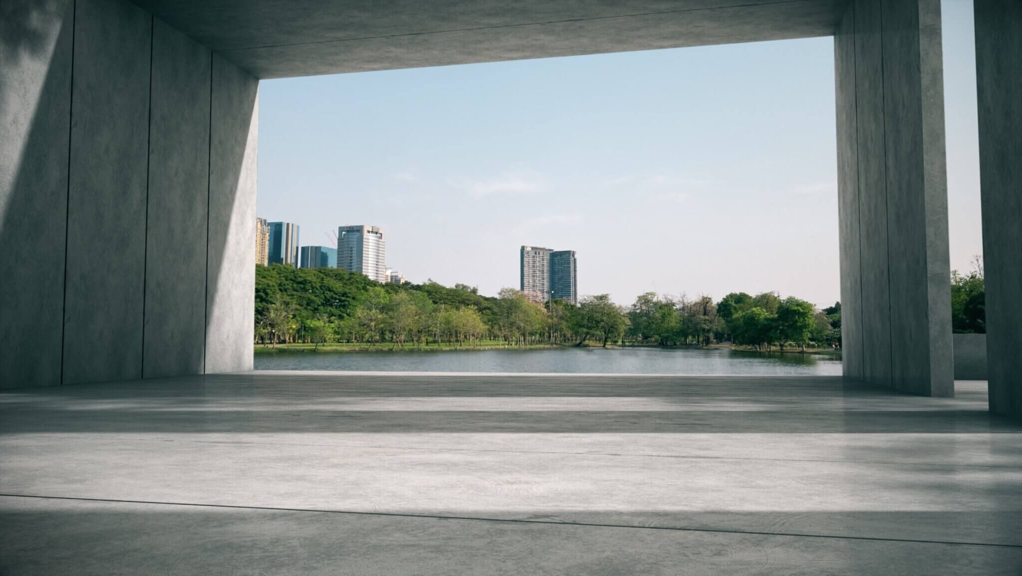 Empty,Space,For,Products,Show,In,Concrete,Hallway,With,Park