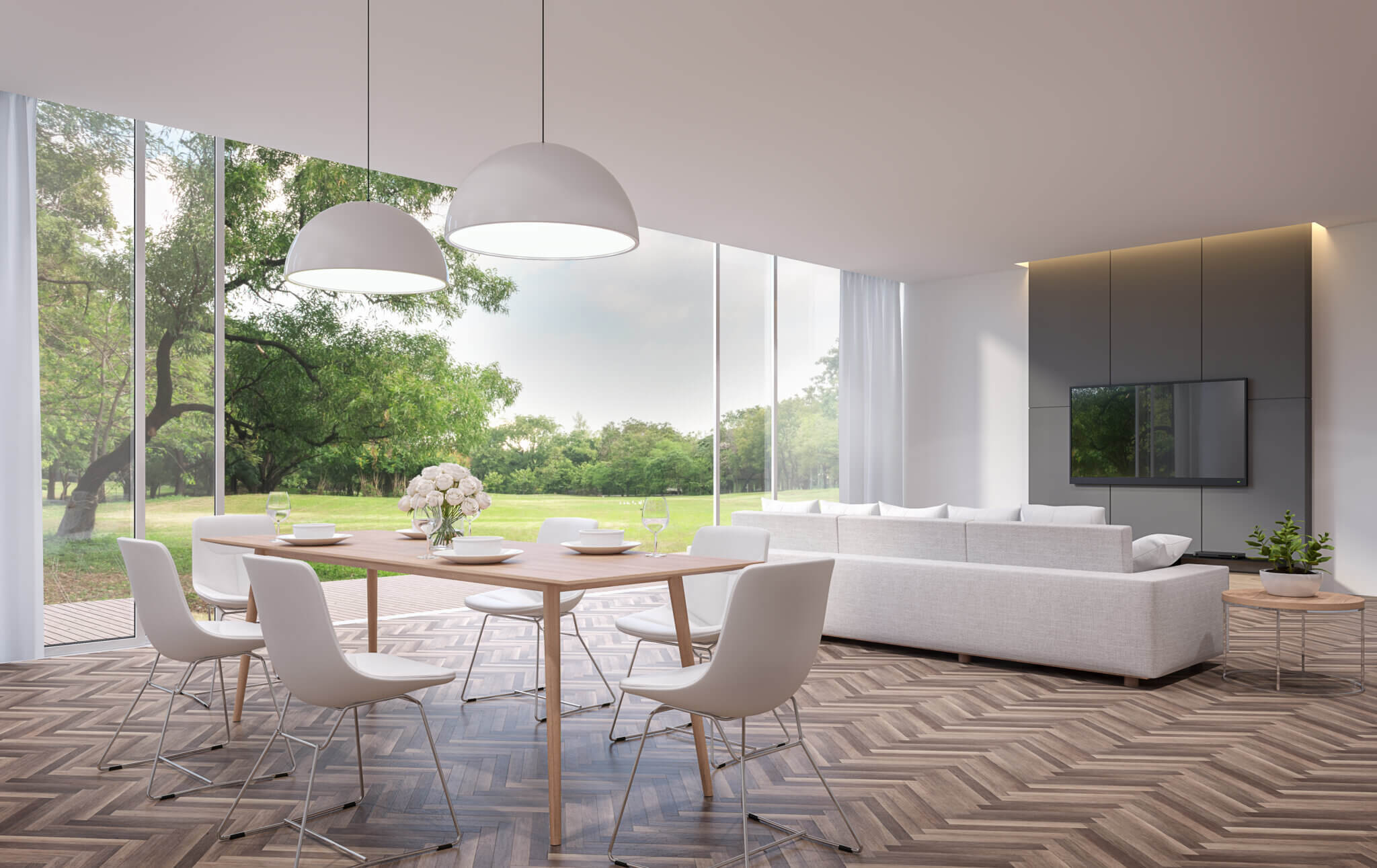 Modern,Dining,And,Living,Room,With,Garden,View,3d,Rendering